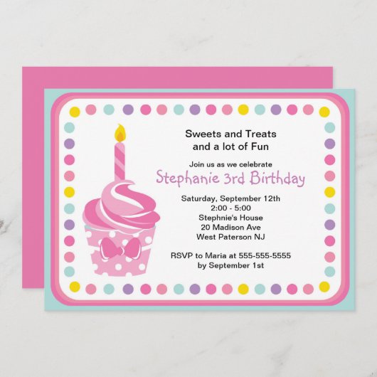 ピンクカップケーキガールズ1日誕生日パーティの招待状 招待状 (正面/裏面)