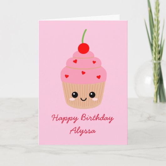 ピンクカップケーキキャラクターハッピーバースデーカード カード (正面)