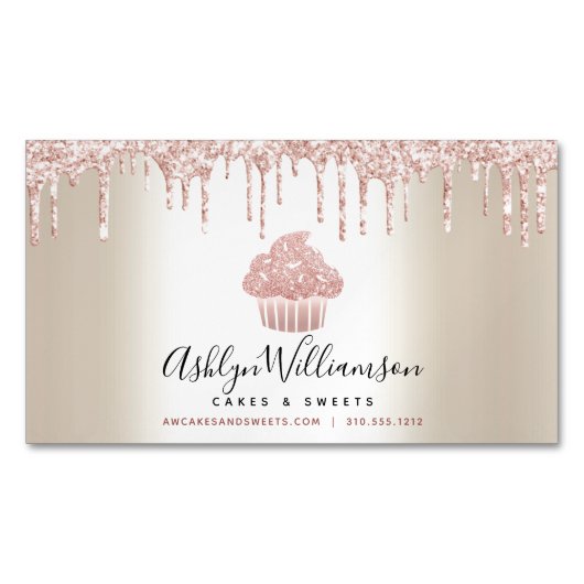 ピンクカップケーキグリッタードリップスペストリーシェフベーカリー金ゴールド マグネット名刺 (正面)