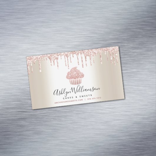 ピンクカップケーキグリッタードリップスペストリーシェフベーカリー金ゴールド マグネット名刺 (インサイチュ)