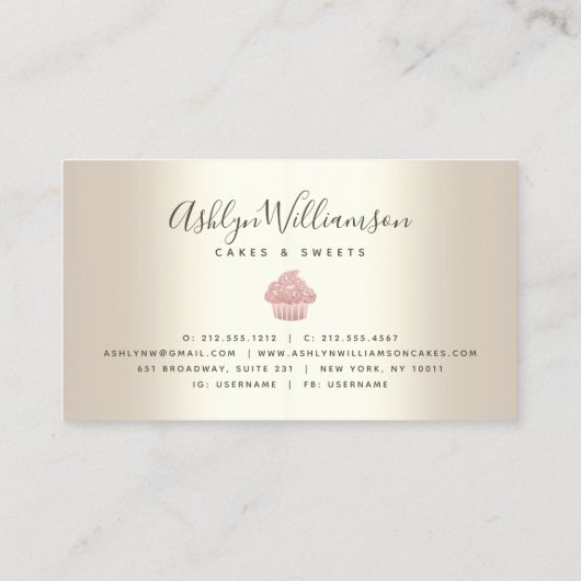 ピンクカップケーキグリッタードリップベーカリーパティシシェフ金ゴールド 名刺 (裏面)