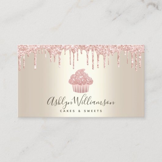 ピンクカップケーキグリッタードリップベーカリーパティシシェフ金ゴールド 名刺 (正面)
