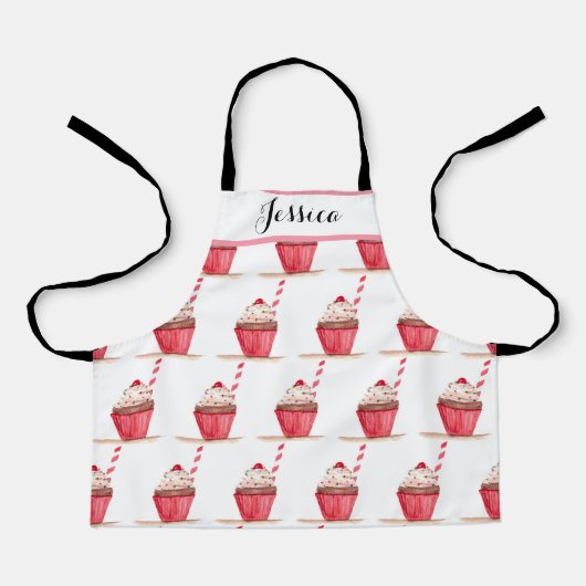 ピンクカップケーキスイーツハンドドローベーキングフードキッズ エプロン (正面)