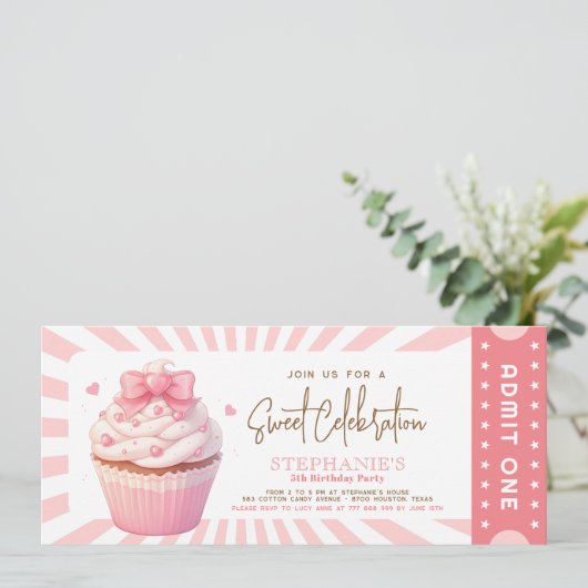 ピンクカップケーキスイートトリート子供の誕生日招待状 招待状 (スタンド正面)