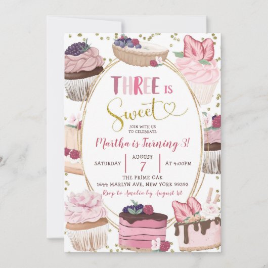 ピンクカップケーキスウィート3rd誕生日招待状 招待状 (正面)