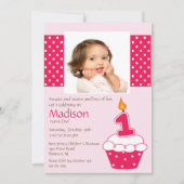 ピンクカップケーキフォト誕生日招待状 招待状 (正面)