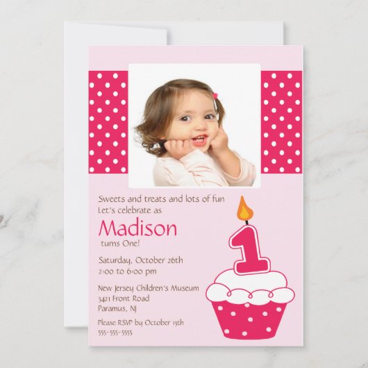 ピンクカップケーキフォト誕生日招待状 招待状 (正面)
