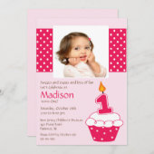 ピンクカップケーキフォト誕生日招待状 招待状 (正面/裏面)