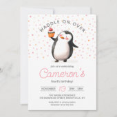 ピンクカップケーキペンギンお祝いキッズ誕生日 招待状 (正面)