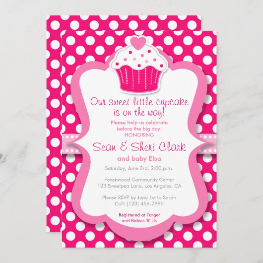 ピンクカップケーキ水玉模様ガールベビーシャワー招待状 招待状 (正面/裏面)