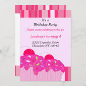 ピンクカップケーキ誕生日パーティーの招待 招待状 (正面/裏面)