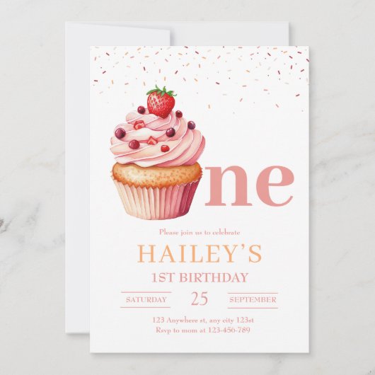 ピンクカップケーキ誕生日招待状ガール1st誕生日 招待状 (正面)