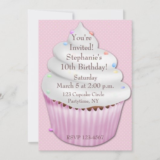 ピンクカップケーキ誕生日招待状 招待状 (正面)