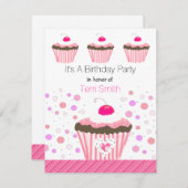 ピンクカップケーキ誕生日招待状 招待状 (正面/裏面)