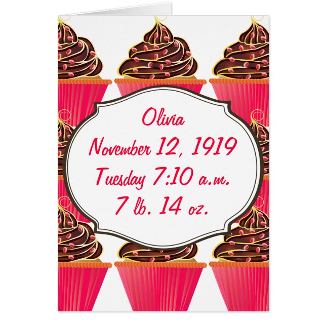 ピンクカップケーキ赤ちゃん女の子のお知らせ (正面)