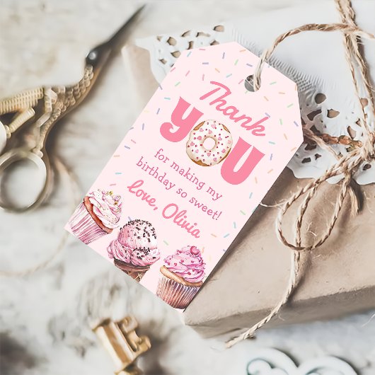 ピンクカップケーキ&ドーナツ誕生日パーティギフトラベル ギフトタグ
