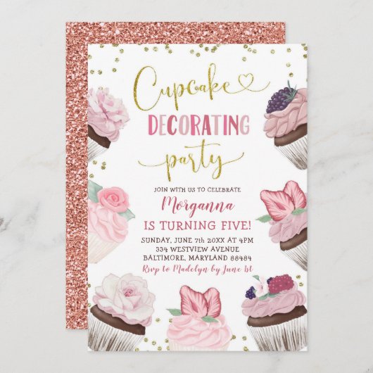 ピンクカップケ飾ーキのパーティー誕生日招待状 招待状 (正面/裏面)