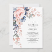ピンクカップル赤ちゃんシャワーフローラブルーモダン 招待状 (正面)