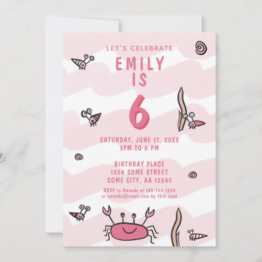 ピンクカニシーアニマルズガール誕生日招待状 招待状 (正面)