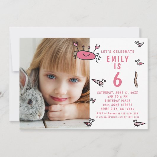 ピンクカニ海獣ガールフォト誕生日 招待状 (正面)