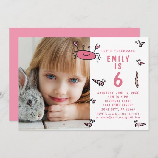 ピンクカニ海獣ガールフォト誕生日 招待状 (正面/裏面)