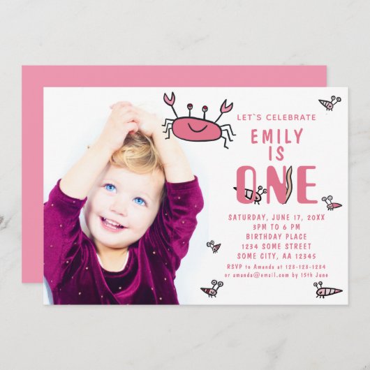ピンクカニ海獣ガール写真1st誕生日 招待状 (正面/裏面)