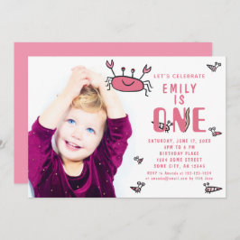 ピンクカニ海獣ガール写真1st誕生日 招待状