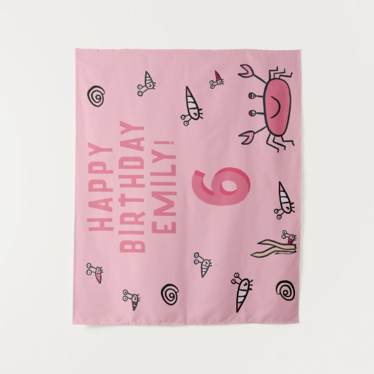 ピンクカニ海獣シェルガールフォト誕生日 タペストリー (正面)