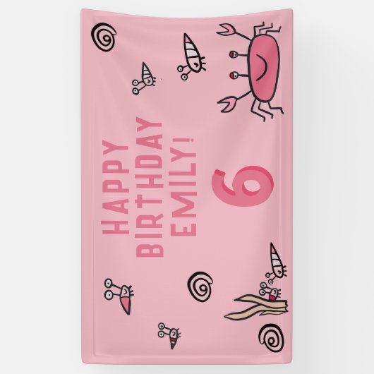 ピンクカニ海獣シェルガールフォト誕生日 横断幕 (縦)