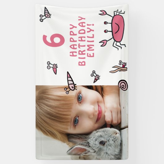 ピンクカニ海獣シェルガールフォト誕生日 横断幕 (縦)