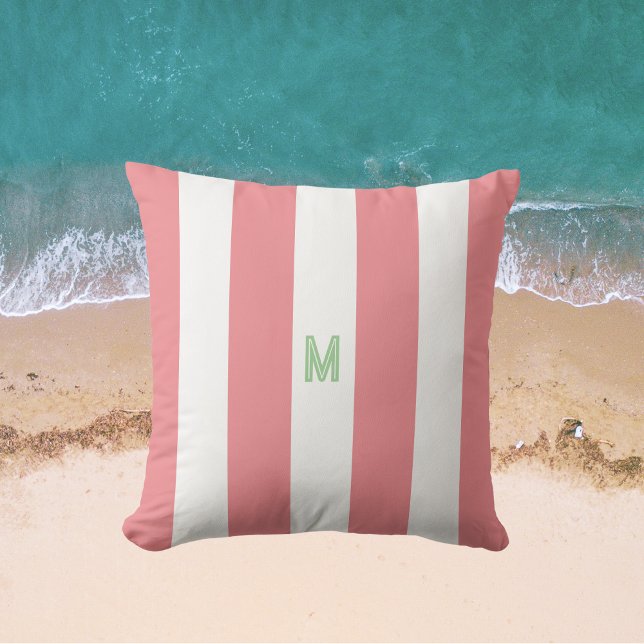 ピンクカバナストライプ&グパーソナライズされたリーンモノグラム アウトドアクッション (クリエイターアップロード済み)