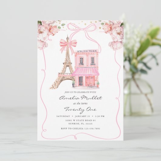 ピンクカフェパリボウエッフェルタワーニーエイジ誕生日 招待状 (スタンド正面)