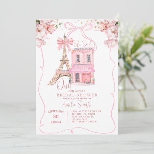 ピンクカフェパリボウエッフェルタワーブライダルシャワー 招待状 (スタンド正面)