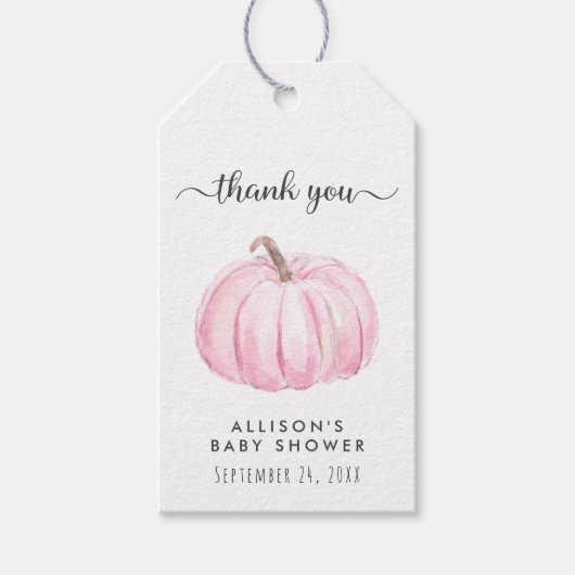 ピンクカボチャの水色ベビーガールシャワーありがとう ギフトタグ (正面)