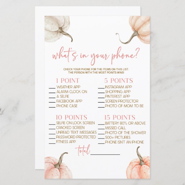 ピンクカボチャの秋あなたの電話の赤ちゃんシャワーゲームで (正面/裏面)