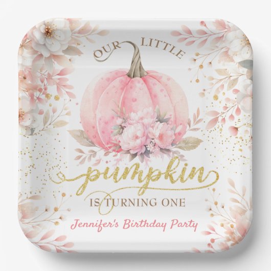 ピンクカボチャフローラ金ゴールドグリッターガール1st誕生日 ペーパープレート (正面)