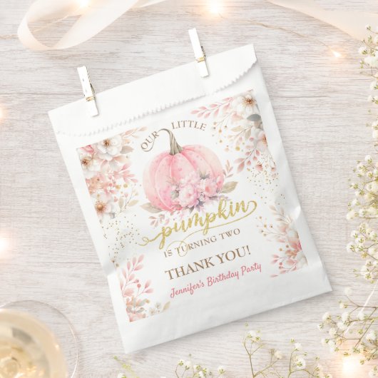 ピンクカボチャフローラ金ゴールドグリッターガール2nd誕生日 フェイバーバッグ (クリップ留めされた状態)