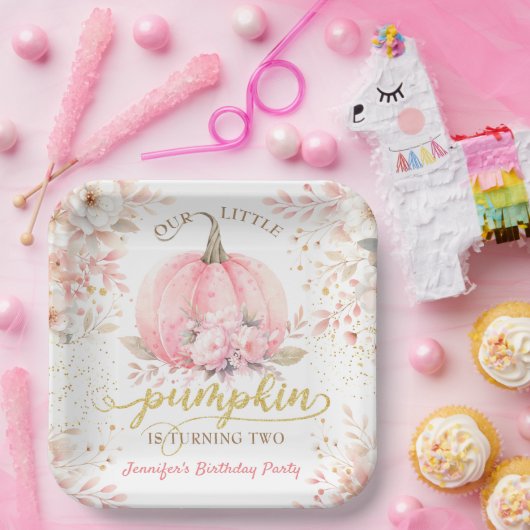 ピンクカボチャフローラ金ゴールドグリッターガール2nd誕生日 ペーパープレート (パーティー)