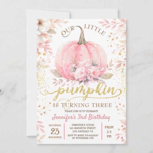 ピンクカボチャフローラ金ゴールドグリッターガール3rd誕生日 招待状 (正面)