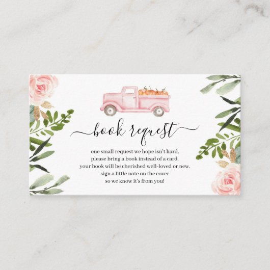 ピンクカボチャートラック赤ちゃんシャワー本のリクエスト挿入 エンクロージャーカード (正面)