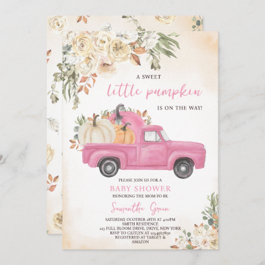 ピンクカボチャートラック赤ちゃんシャワー 招待状 (正面/裏面)