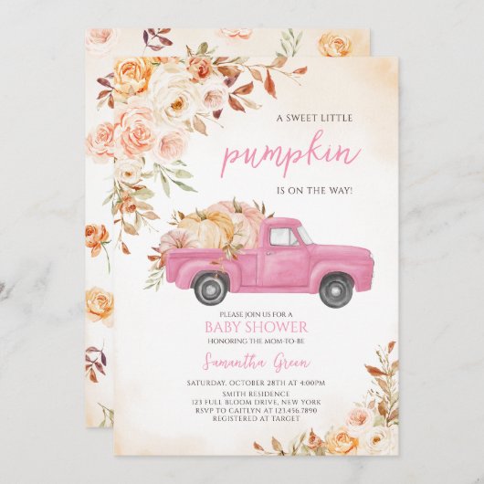 ピンクカボチャートラック赤ちゃんシャワー 招待状 (正面/裏面)