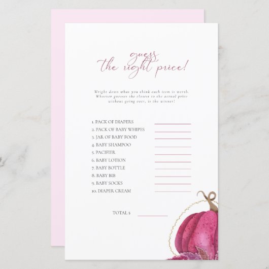 ピンクカボチャ価格ベビーシャワーゲームを推測 (正面/裏面)