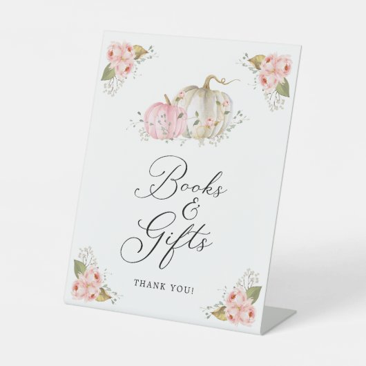 ピンクカボチャ女の子の赤ちゃんシャワー本とギフトサイン 台座サイン (正面)