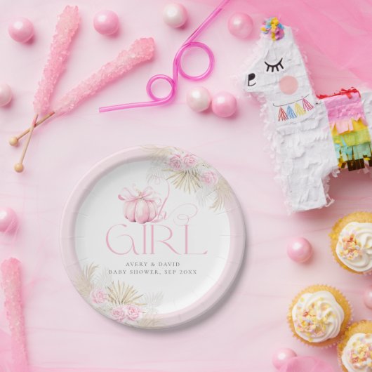 ピンクカボチャ女の子フローラバウ赤ちゃんシャワーへようこそ ペーパープレート (パーティー)
