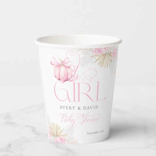 ピンクカボチャ女の子フローラバウ赤ちゃんシャワーへようこそ 紙コップ (裏面)