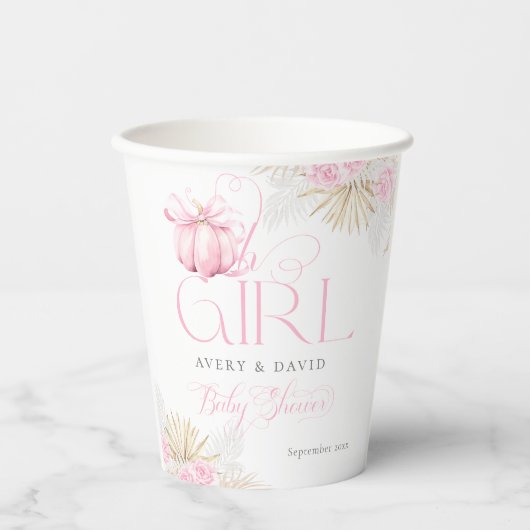 ピンクカボチャ女の子フローラバウ赤ちゃんシャワーへようこそ 紙コップ (正面)