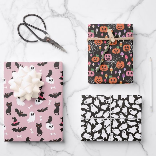ピンクカボチャ幽霊スカルハロウィンパターン ラッピングペーパーシート (正面)