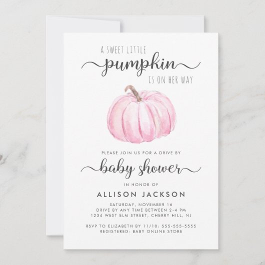 ピンクカボチャ水彩ベビーガールシャワーでドライブ 招待状 (正面)