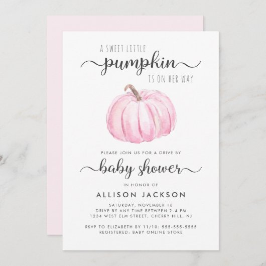 ピンクカボチャ水彩ベビーガールシャワーでドライブ 招待状 (正面/裏面)